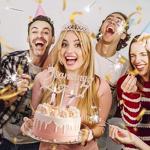 Miniatura 275 de Decoraciones de cumpleaños número 17 para niña, incluyendo tiara y banda de cumpleaños de 17, decoración para pastel y velas, globos de números