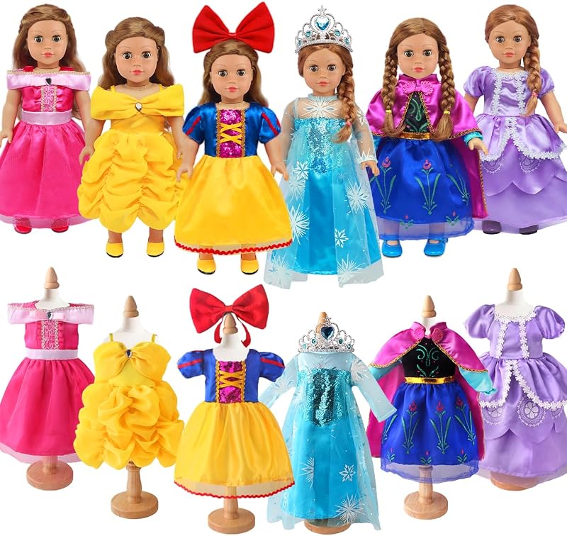 6 Sets Princess Dresses for 18 Inch Dolls, Clothes & Accessories | 6 Ball Gown Dresses, Crown, Bow Hairband, Soft Fabric, Fits Standard 18" Dolls, Doll Not Included, Age 3+