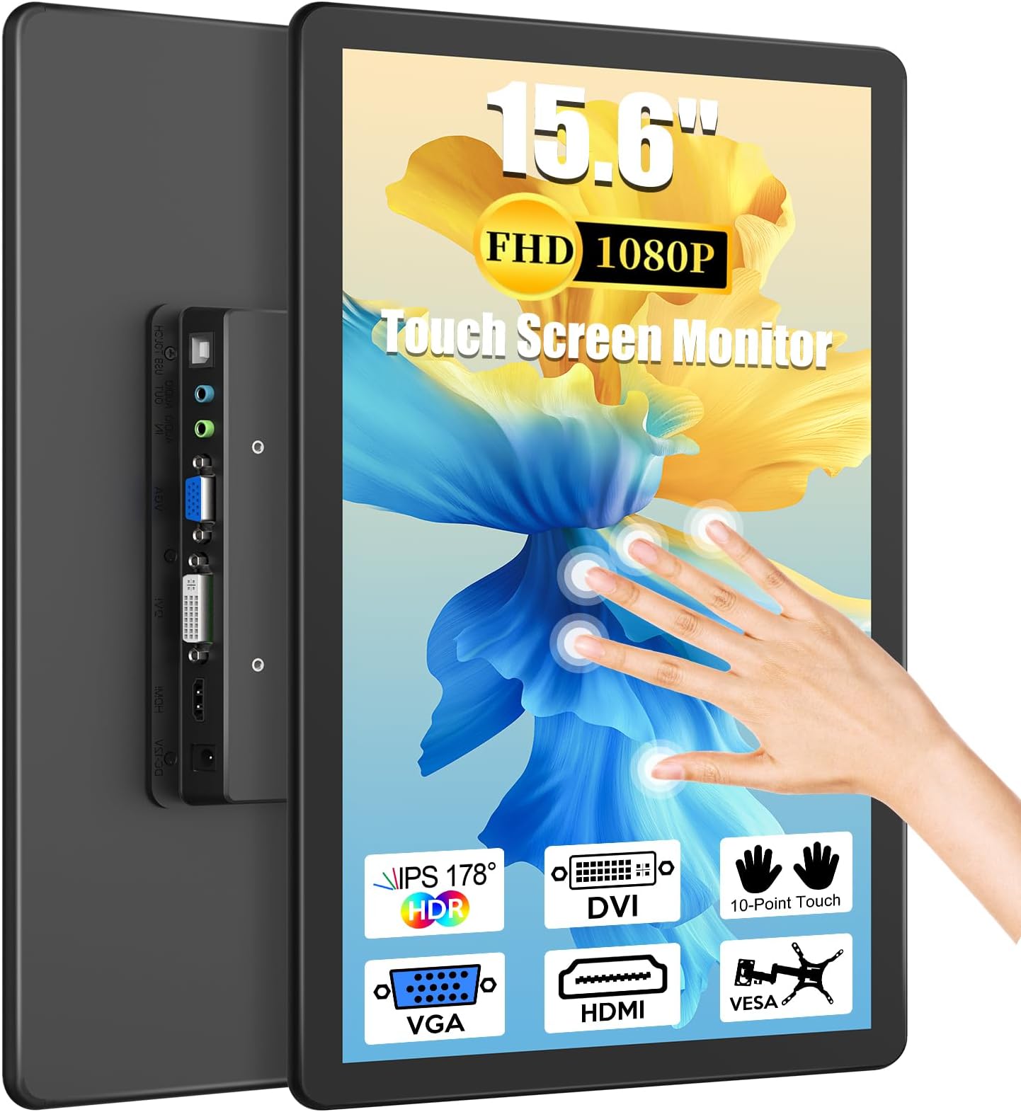 MAGEX 15.6" Touchscreen Monitor, HDMI VGA DVI FHD 1080p IPS Rp Pi Touch Screen Monitor 10-Point Touch Display with Remote Control Speakers VESA Touch Screen for PC, Pi, POS, Industrial Medical