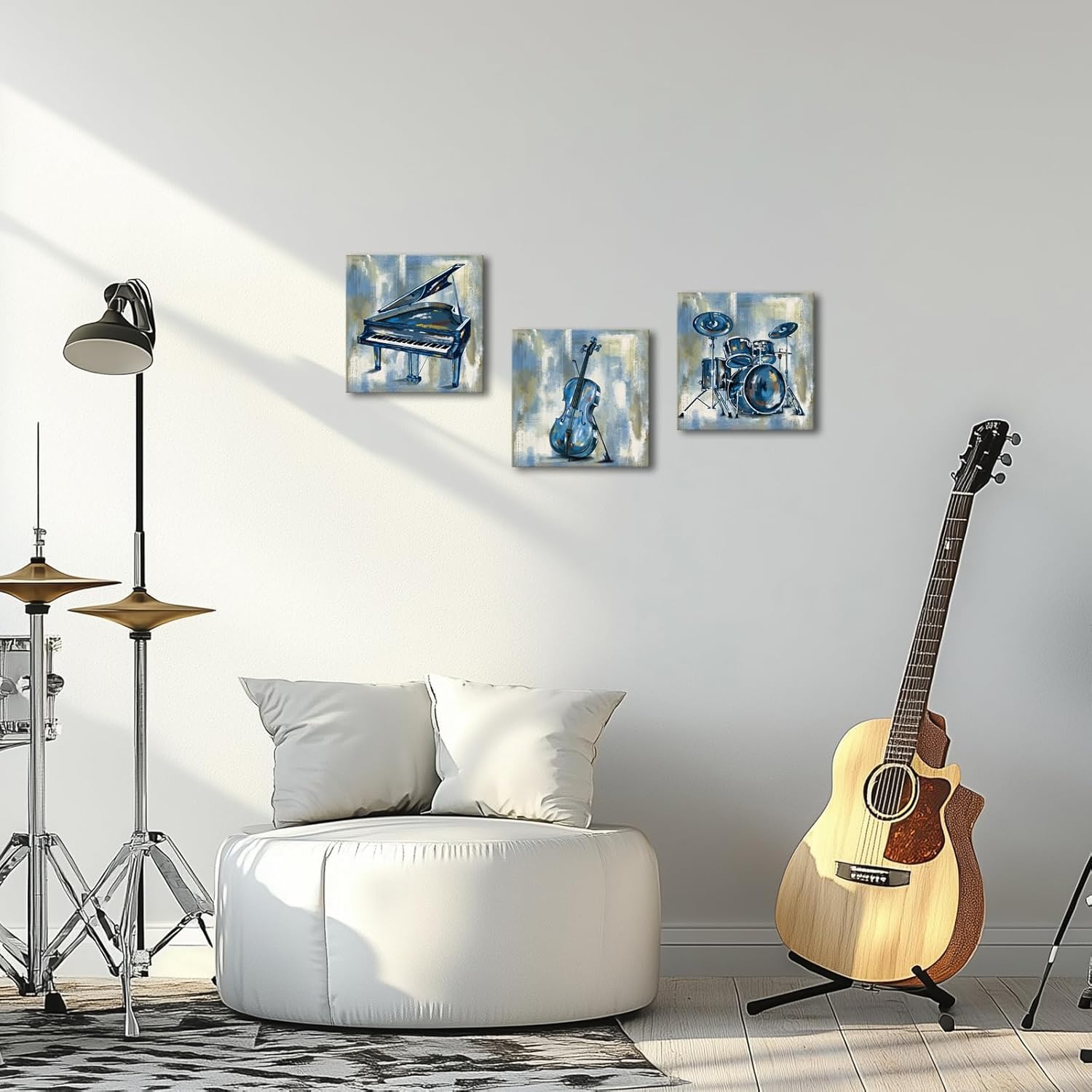 KLVOS Music Wall Art for Bedroom Musical Instrument Piano Guitar Drum Set Canvas Prints Stretched Musical Themed Art work for Classroom Music Room Wall Decor 12X12inchx3 pcs