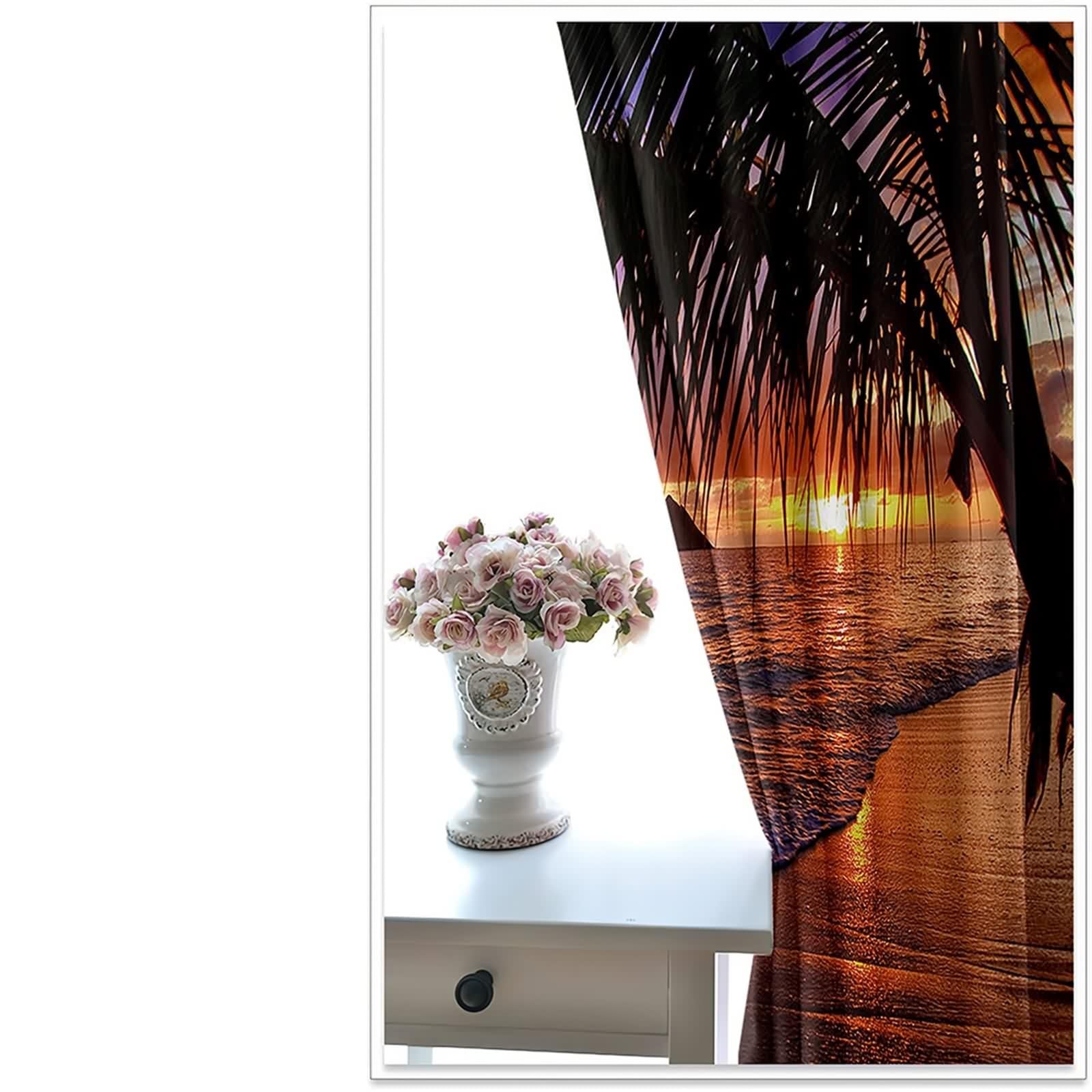Rideau Fenetre Chambre, Rideau Cuisine Bleu Violet Marron Polyester Paysage de Coucher de Soleil sur La Plage 234L x 214H CM Lot de 2