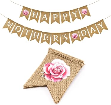 G2PLUS Happy Mothers Day Banner, Pre-strung Mothers Day Decorations Burlap Banner Garland with Pink Rose, Rustic Mothers Day Party Bunting Decor for Home Wall Photo Backdrop Indoor Outdoor