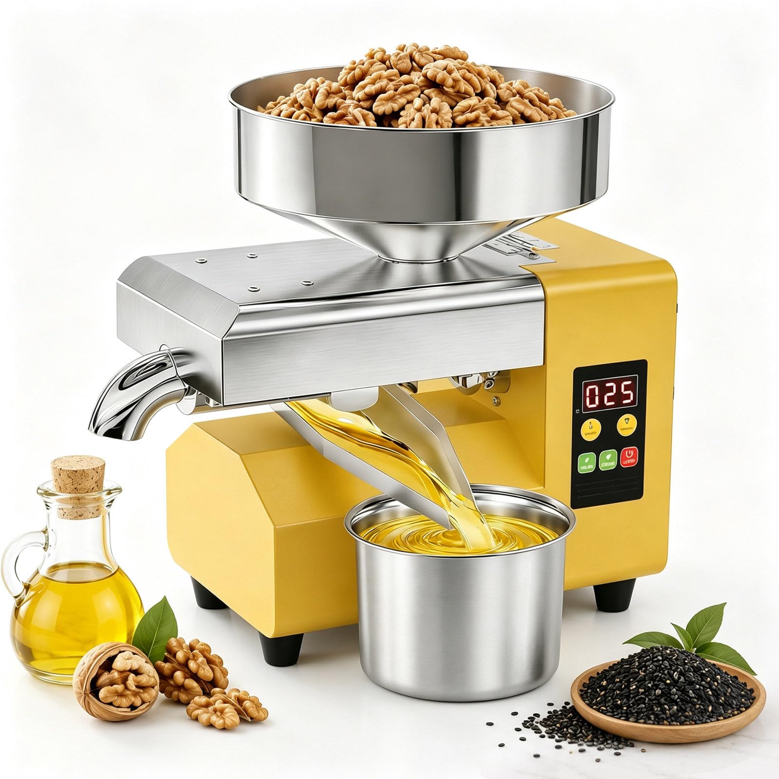 Prensa De Aceite 1500 W, Automática En Frío Y Caliente, 4,5–9 Kg/H | Salida Lateral, Acero Inoxidable, Temperatura Ajustable De 40-300℃, Prensado En Frío Y Caliente Para Muchos Ingredientes
