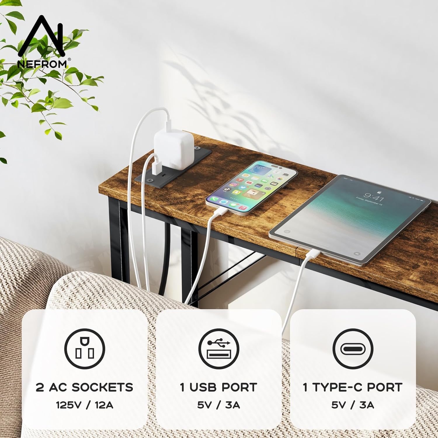 31.5‘’ Console Table, Skinny Entryway Table with Fast-Charging Station, Narrow Long Sofa Table, Behind Slim Couch Table for Entrance, Hallway, Living Room Decor ST-BR80-1