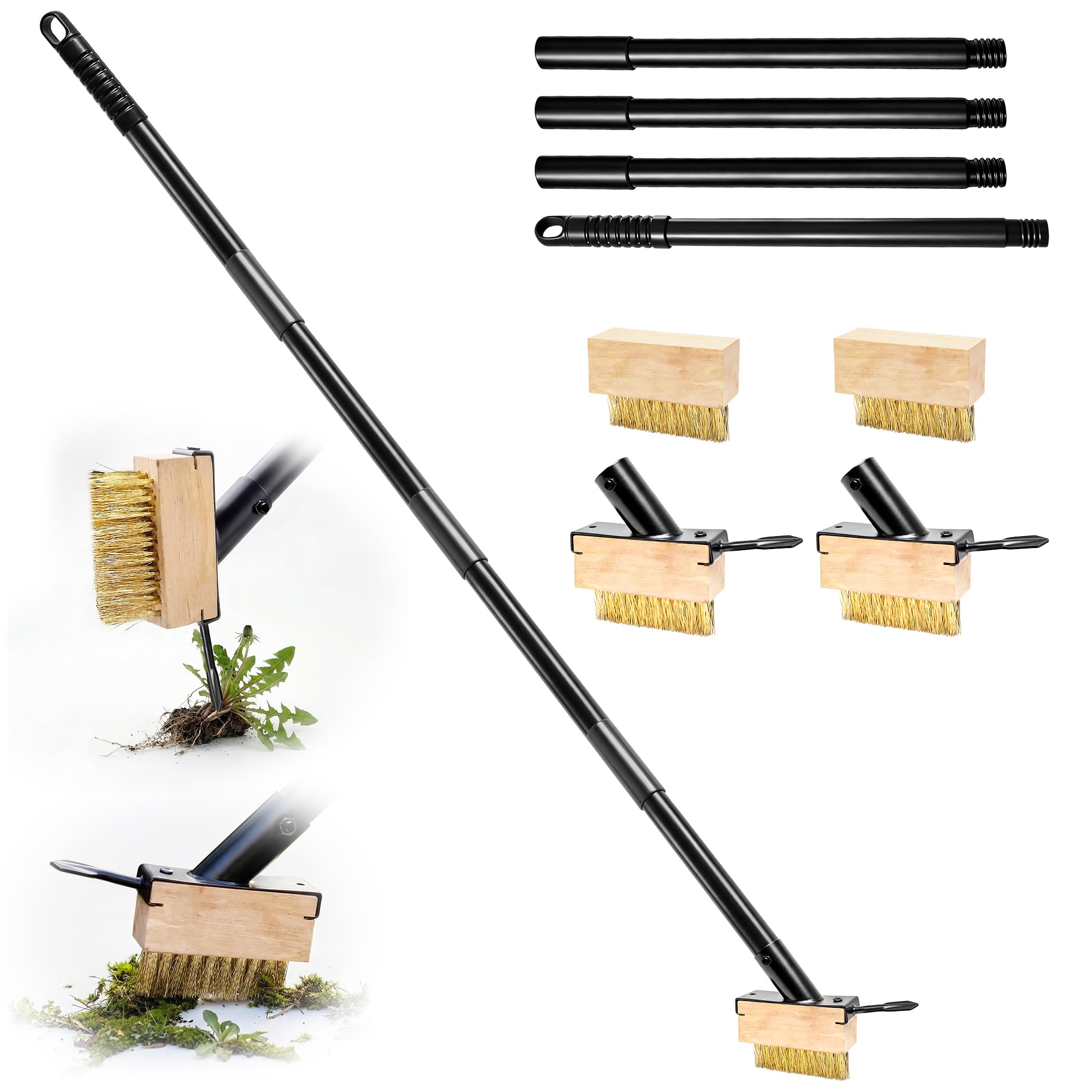 2 in 1 Patio Weed Remover Tool & Moss Removal Brush Set - Adjustable 63" (160cm) Long Handle with 4 Replaceable Steel Wire Heads, Manual Weeding Tool for Block Paving, Driveways and Garden Paths
