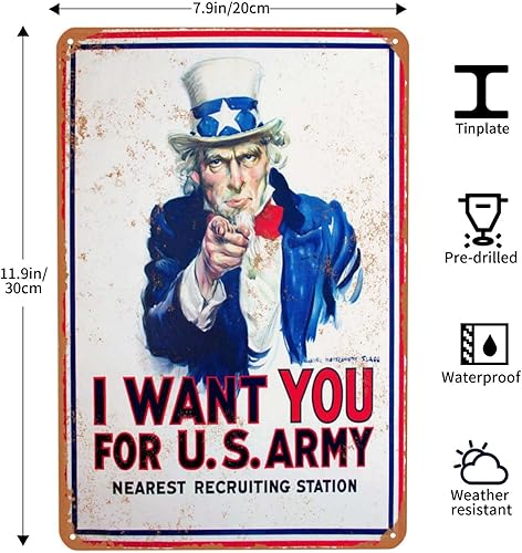 Miniatura 2 de Letrero de metal vintage con texto en inglés "I Want You for U.S. Army Uncle Sam, póster versátil de diseño retro divertido para el hogar, bar,