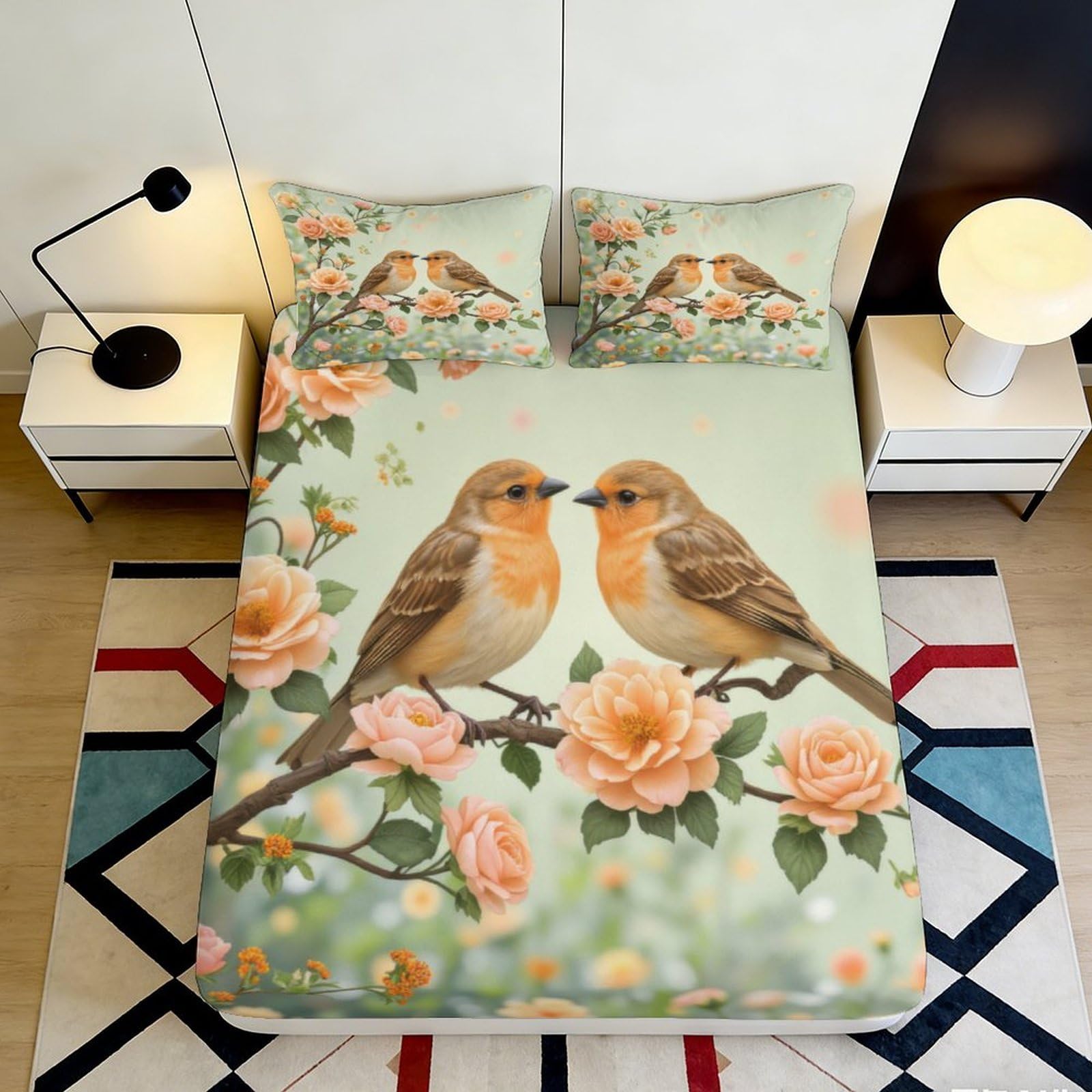3D Printed Robin Bird Fitted Sheet Microfiber Floral Bed Cover for Bedroom Decor Dustproof Washable 90x200x25cm