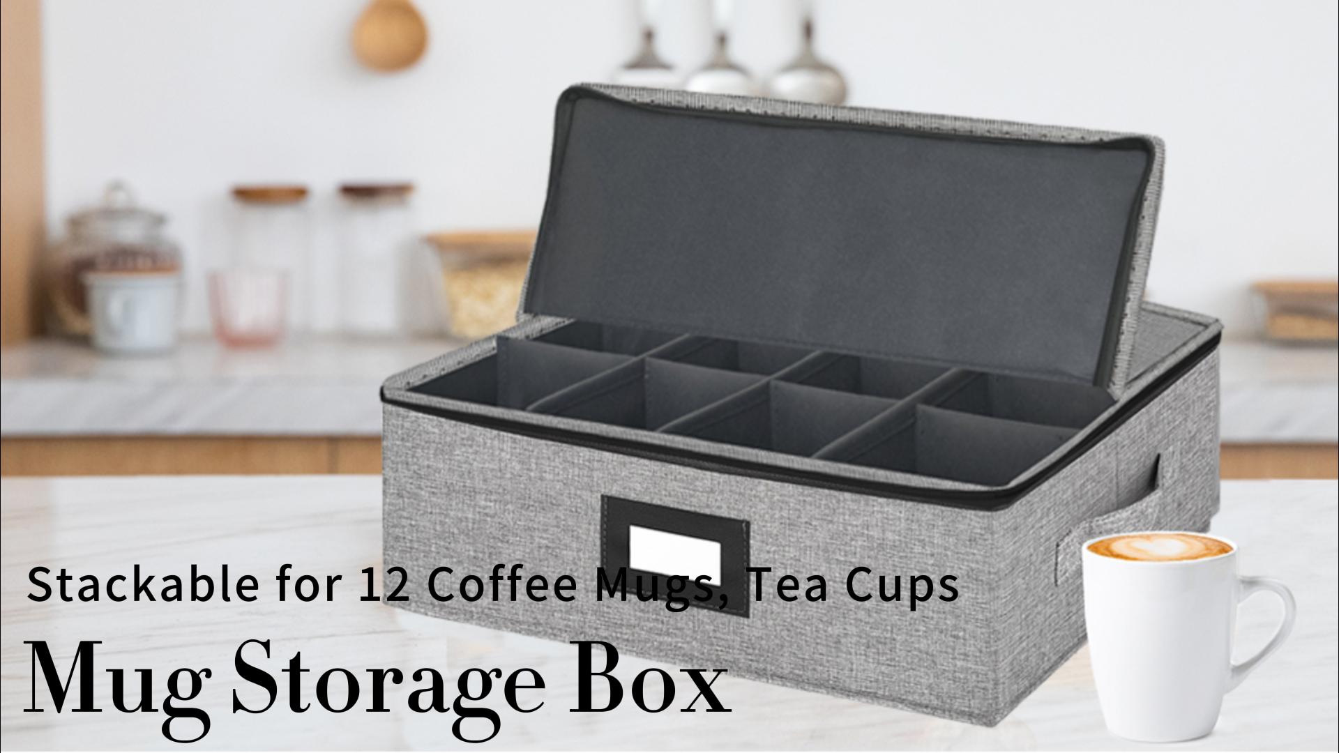 Dicunoy Mug Storage Box | Holds 12 Cups | Fabric Case With Dividers | Organize Glassware, Mugs & More