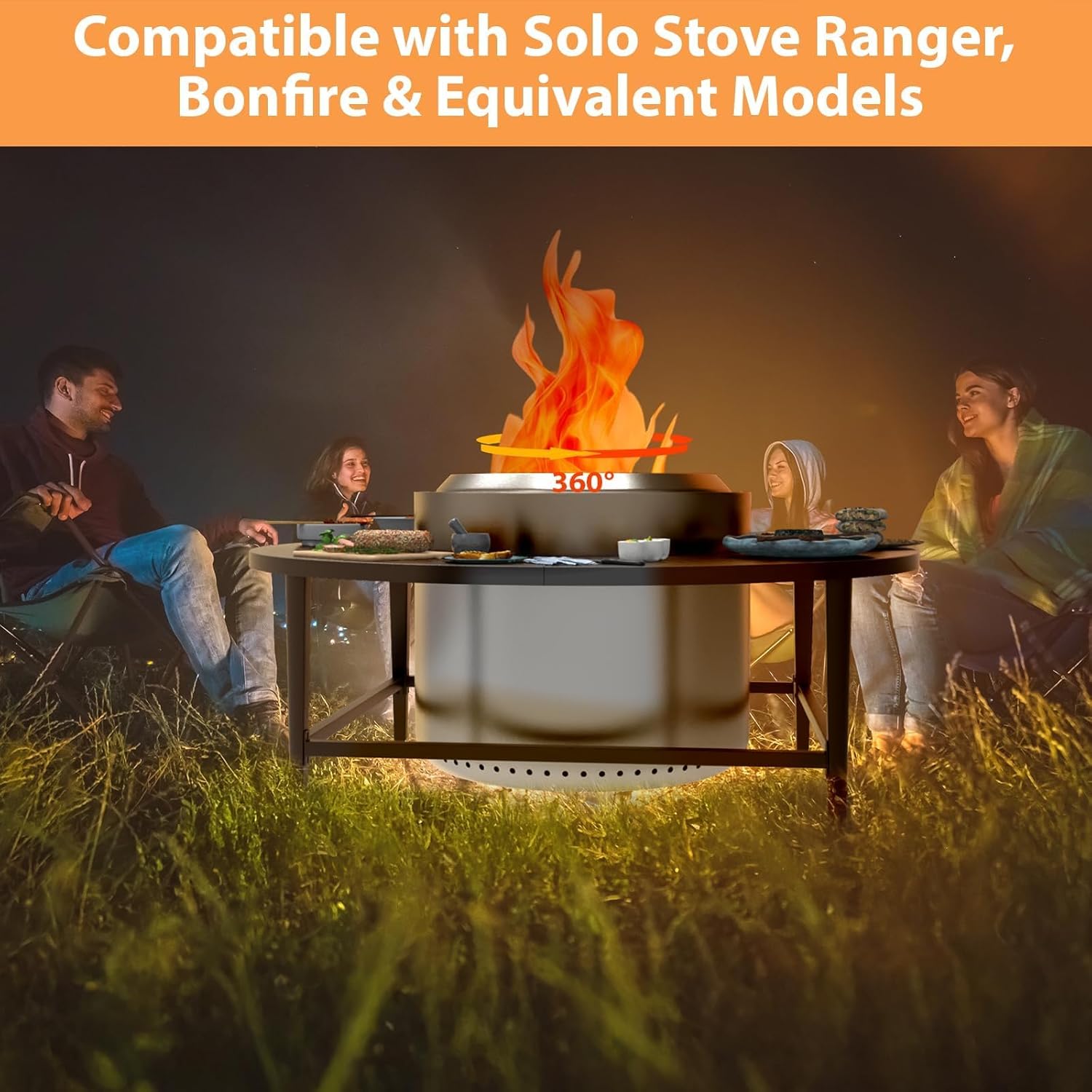 Pellet Adapter and Fire Pit Surround Tabletop for Solo Stove Bonfire, Tiki, 19.5 Inch Outdoor Smokeless Fire Pit Table for Wood Burning Fire Pits, Powder-Coated Steel Stove Table Surround with Cover