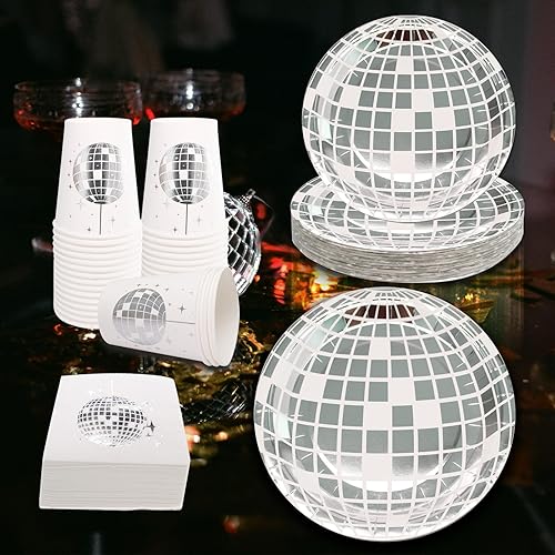 Miniatura 7 de 120 piezas de suministros de fiesta de discoteca plateada, platos de papel para fiesta de discoteca de los años 80 y 90, vajilla de fiesta de
