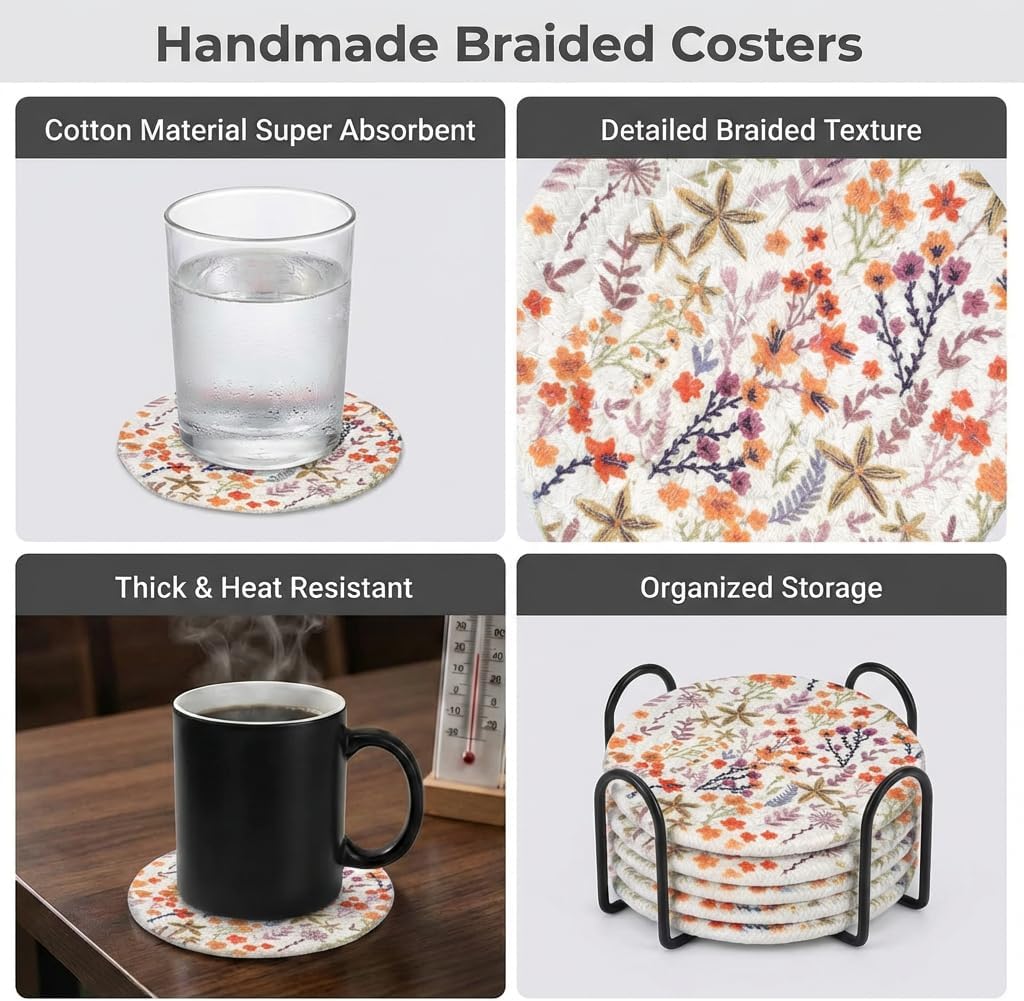 Woven Cotton Drink Coasters with Holder, Purple Floral, 6 Pack image 4