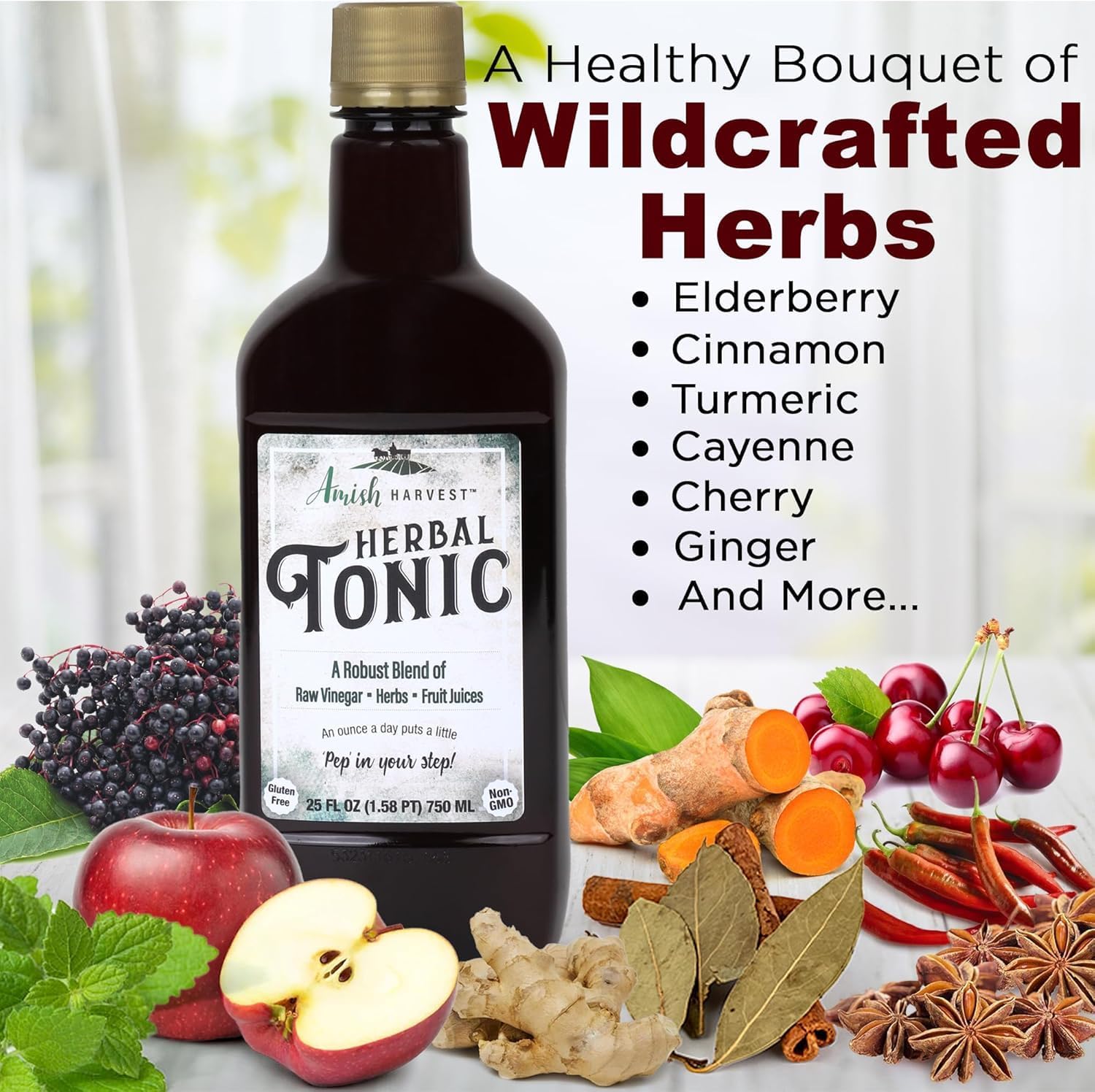 Sipping Apple Cider Vinegar Tonic – 2-Pack of Amish Harvest Elixir with 25 Herbs & Juices like Wildcrafted Apple Cider Vinegar with Mother & Elderberry – Can Aid Immune & Digestive Health 25 Oz.