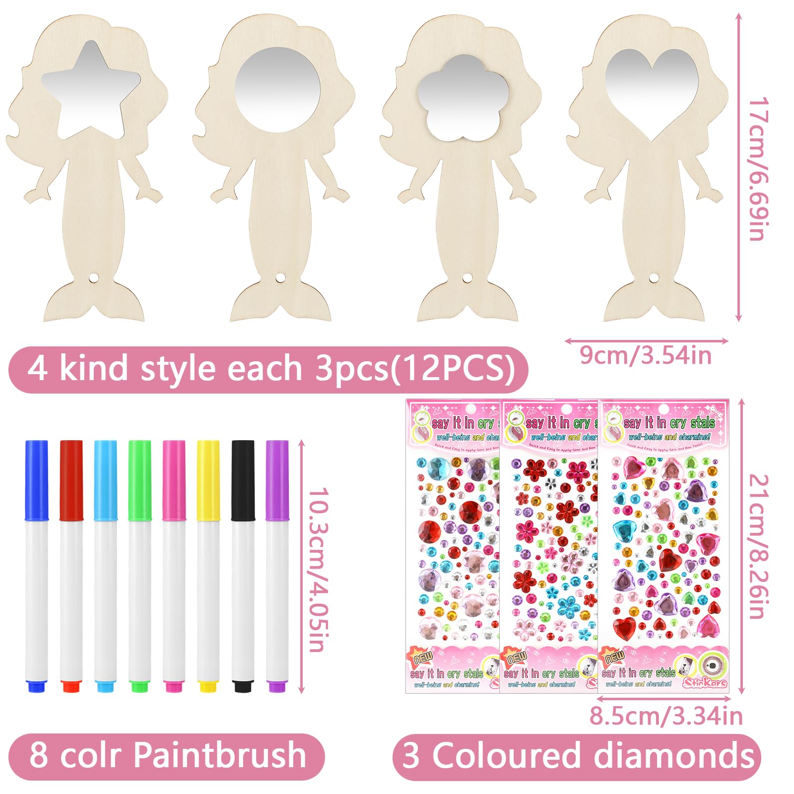 Kit DIY Miroirs Sirène En Bois - 23 Pièces Avec Strass Et Feutres, Activité Manuelle Pour Enfants, Fête Anniversaire