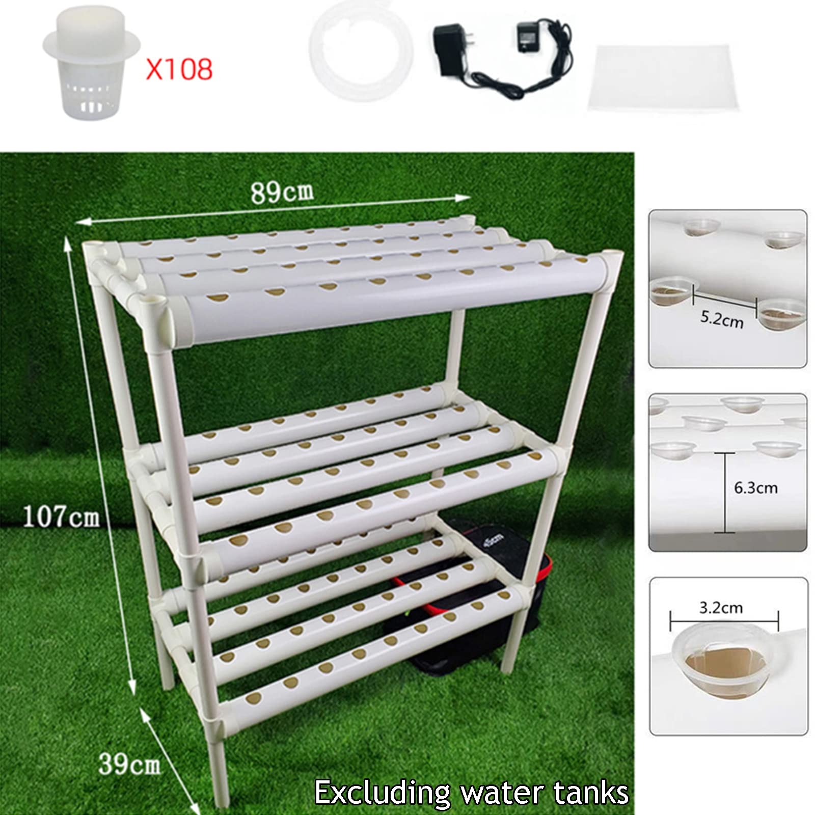 Coltivazione Idroponica Hydroponic Site Grow Kit 108 Siti 12 Tubi in PVC-U Sistema Operativo da Giardino Senza Terra con Pompa dell'Acqua per Verdure A Foglia Insalata Fiori