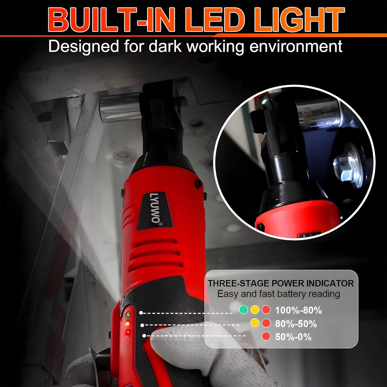 LED light and three-stage power indicator on the ratchet wrench