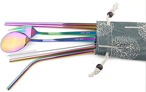 Miniatura 3 de Juego de cubiertos de acero inoxidable 304 reutilizable, con pajillas, portátil, para viajes, camping, senderismo, lavavajillas, juego de 7, espejo