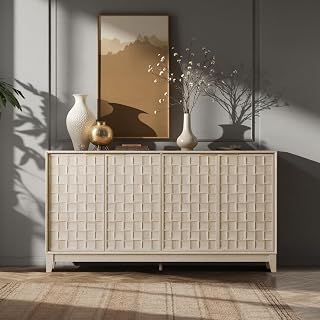 COLAMY Fluted Sideboard Cabinet Oak White - Mid-Century Modern Buffet Credenza with Adjustable Shelves, Solid Wood Legs for Dining Storage
