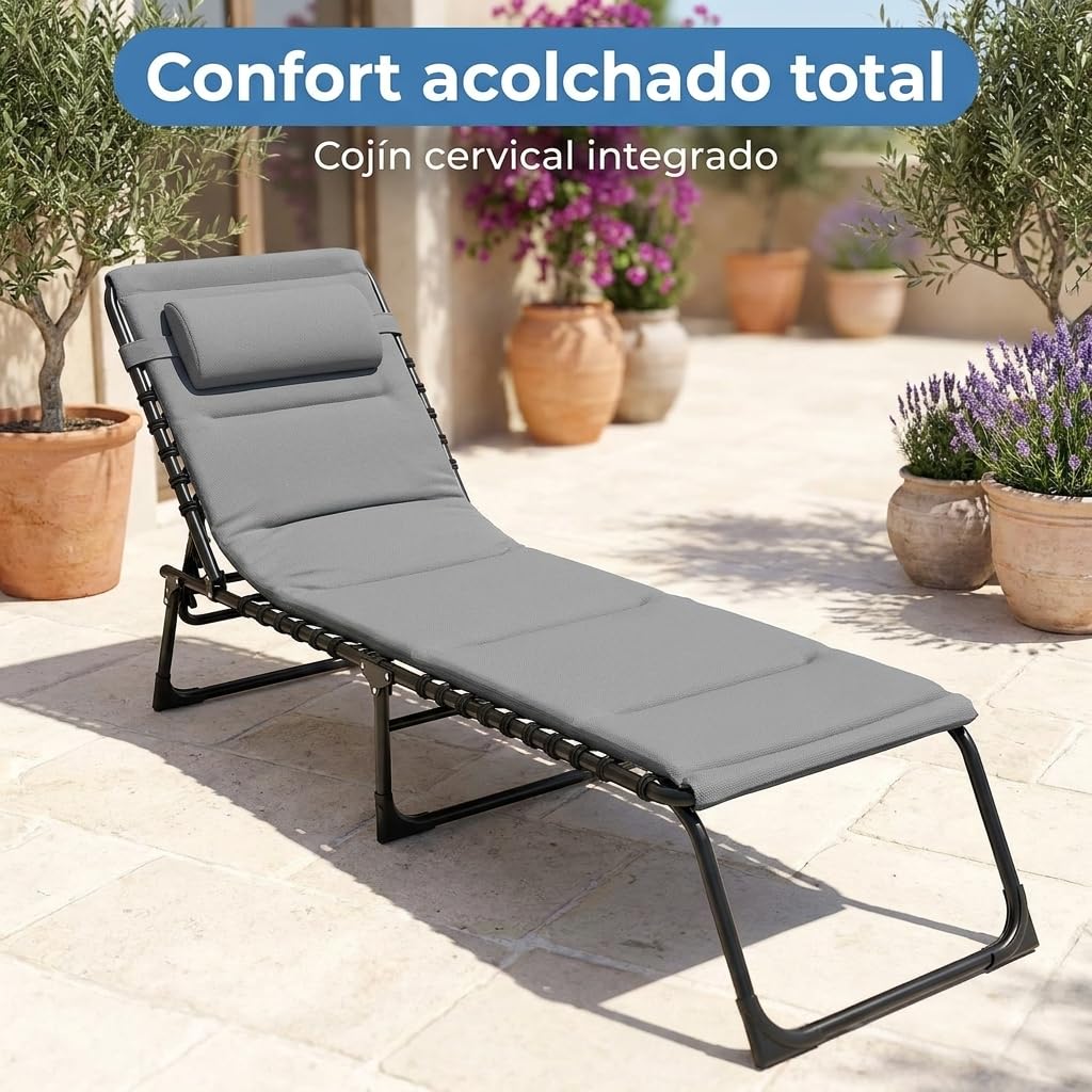 Pincho Tumbonas Jardin Exterior Hamaca Jardin, Chaise Longue Exterior, Tumbona Plegable Acolchada con Cojin Cervical, Hamaca Reclinable - 3 Posiciones, Estructura Metalica