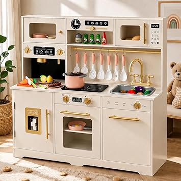 Play Kitchen for Kids, Wooden Pretend Toy Kitchen Set with Appliances & Smart Storage, Kids Kitchen Playset with 49 Toy Food & Cookware Accessories for Toddlers, Stove, Play Sink, Gift for Ages 3+