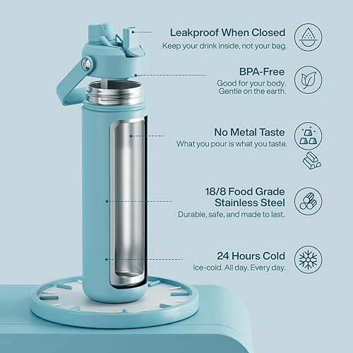 Miniatura 528 de ENCOOL Botella de agua aislada con popote, de acero inoxidable, a prueba de fugas, sin BPA, al vacío de doble pared que se mantiene fría durante 24