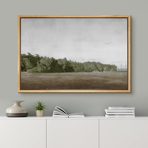 Miniatura 3 de SIGNFORD lienzo enmarcado para pared, ilustración con pradera marrón y bosque verde, pintura al óleo impresionista, de la naturaleza, para sala de