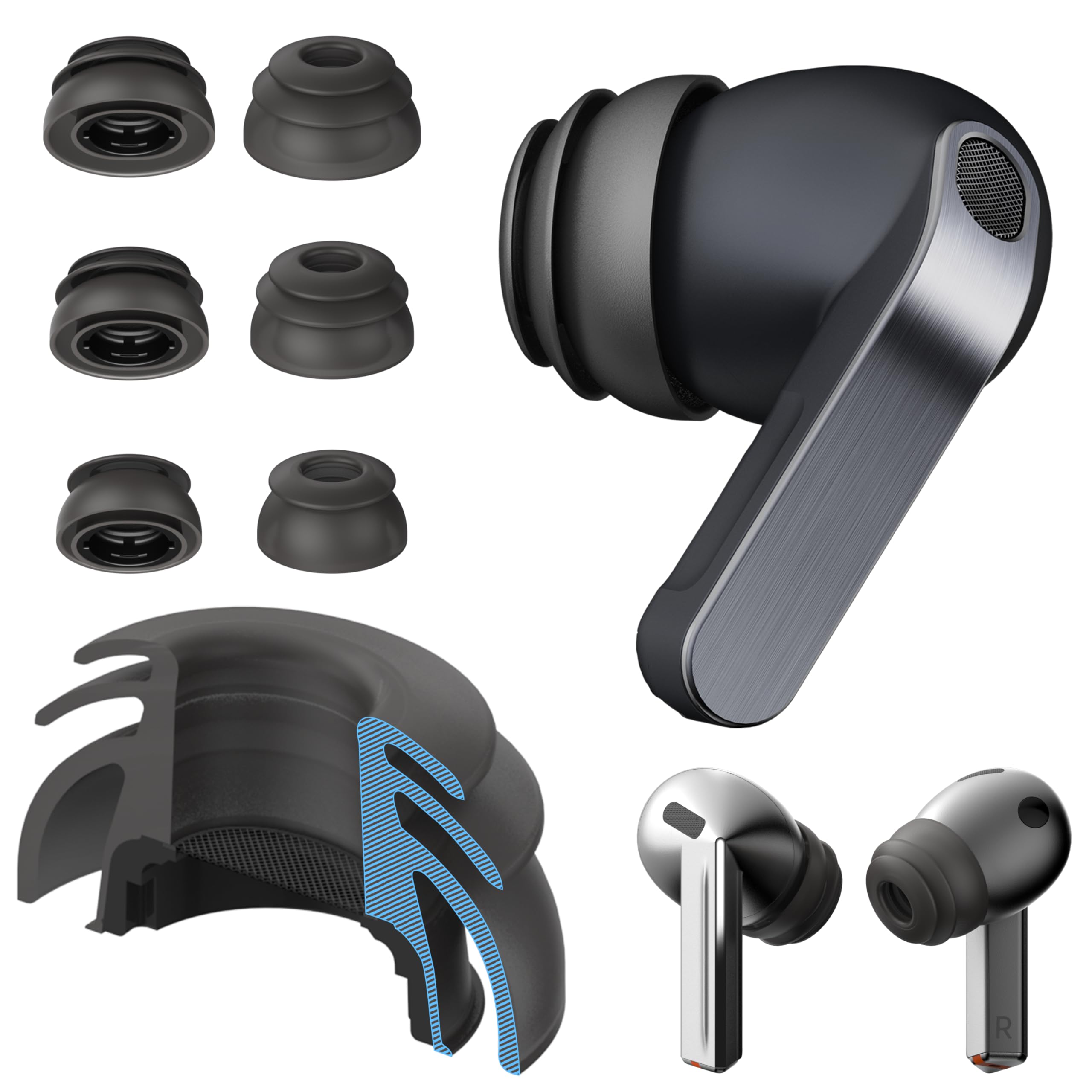 Premium Multi-Flange Eartips for Galaxy Buds3 Pro Galaxy Buds4 Pro Black Mixed SML Always Fits Never Slips