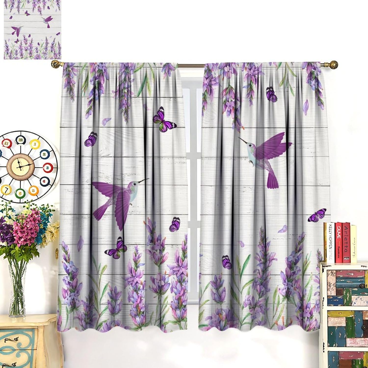 Bird Curtains Vintage Floral Wooden Board Butterfly Lavender Art Printed Blackout Window Drapes for Bedroom Kitchen Decor Fabric Set 2 Panel 42x45 Inch 80% Shading Rate