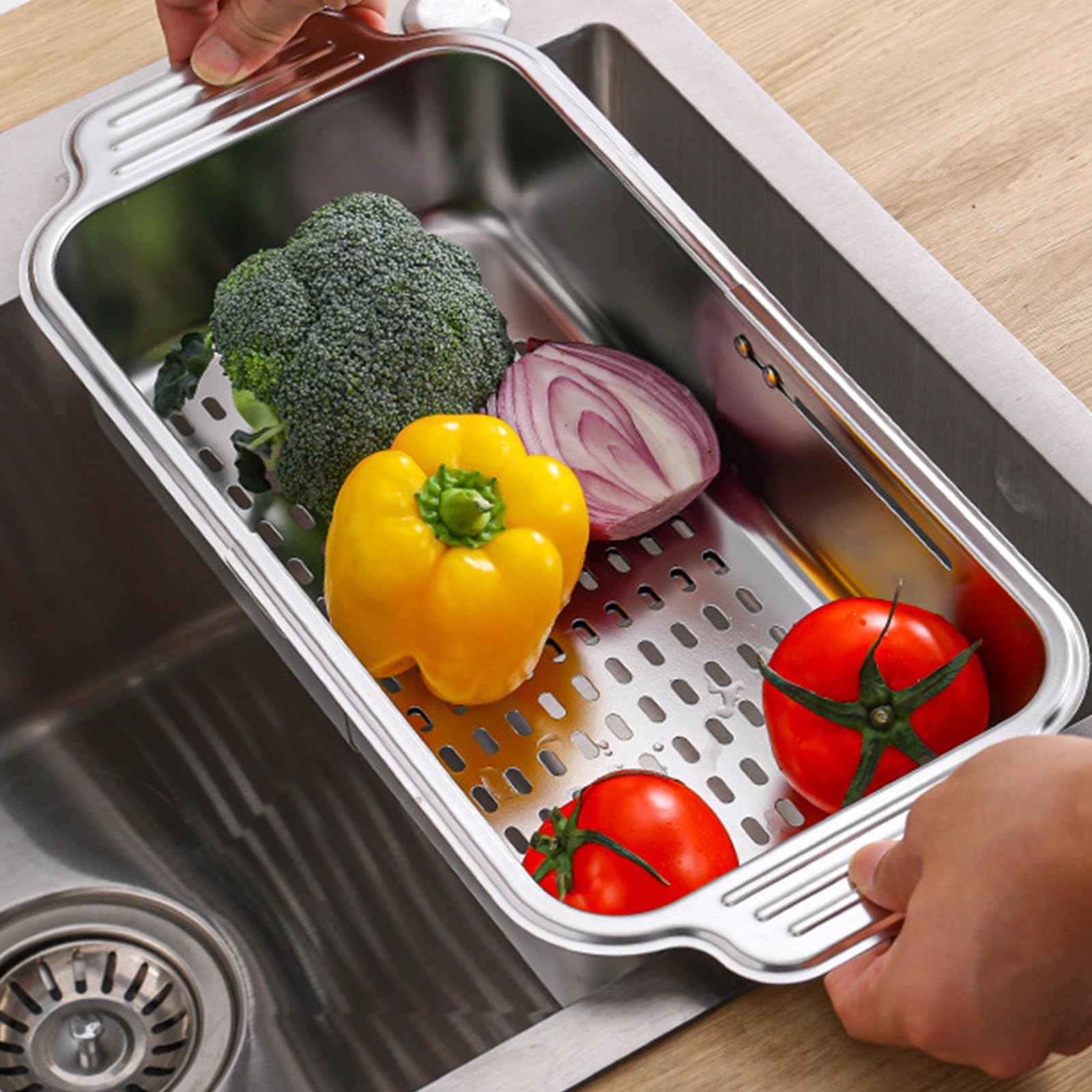 PANGBOER Cesta de colador de Fregadero Extensible de Acero Inoxidable, 1 colador de Cocina, Resistente, Capacidad de Carga de 30 kg, Drenaje rápido, colador de Red de Acero Inoxidable