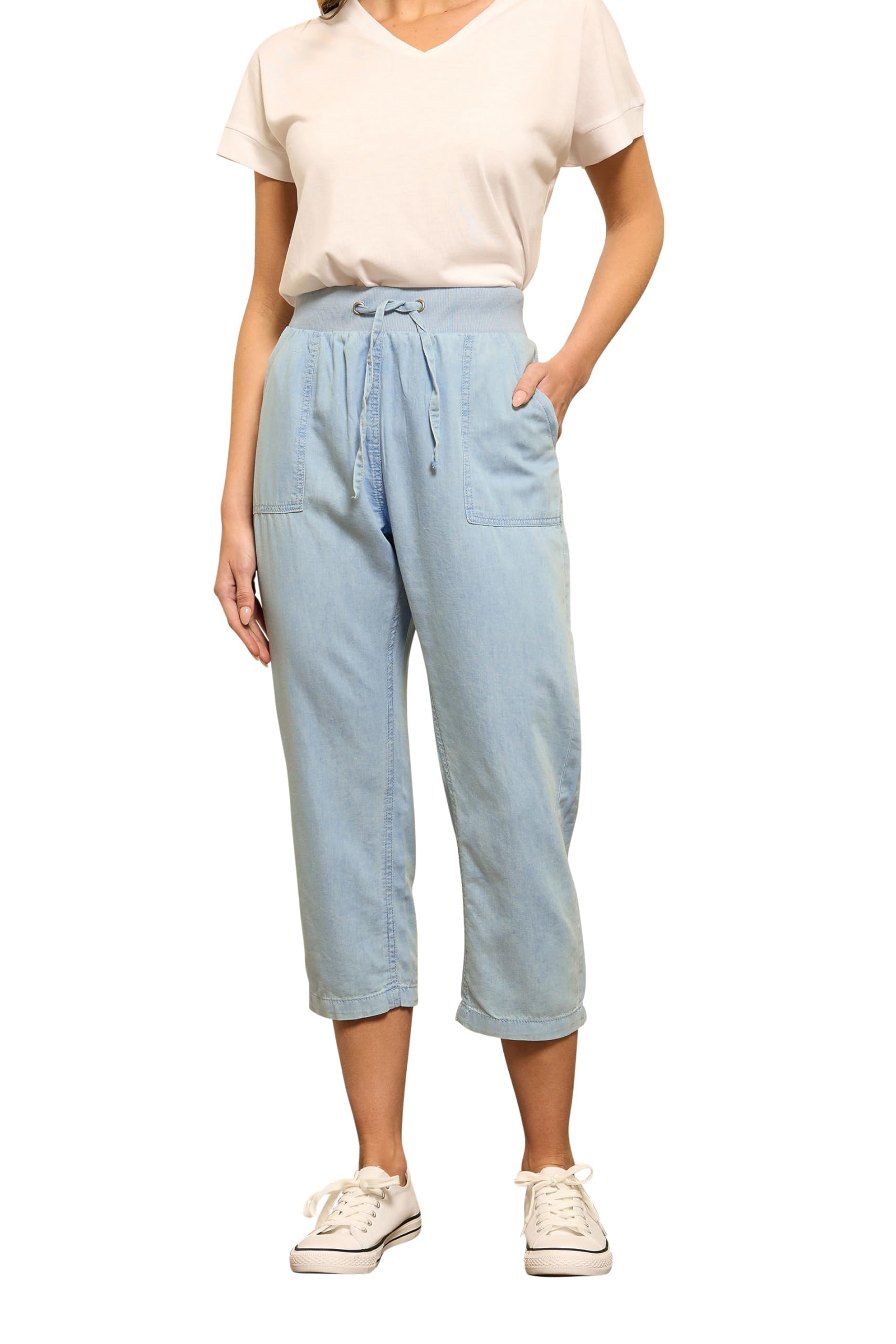 M&Co Women's Light Blue Light Wash Drawstring Cropped Trousers In Size 16