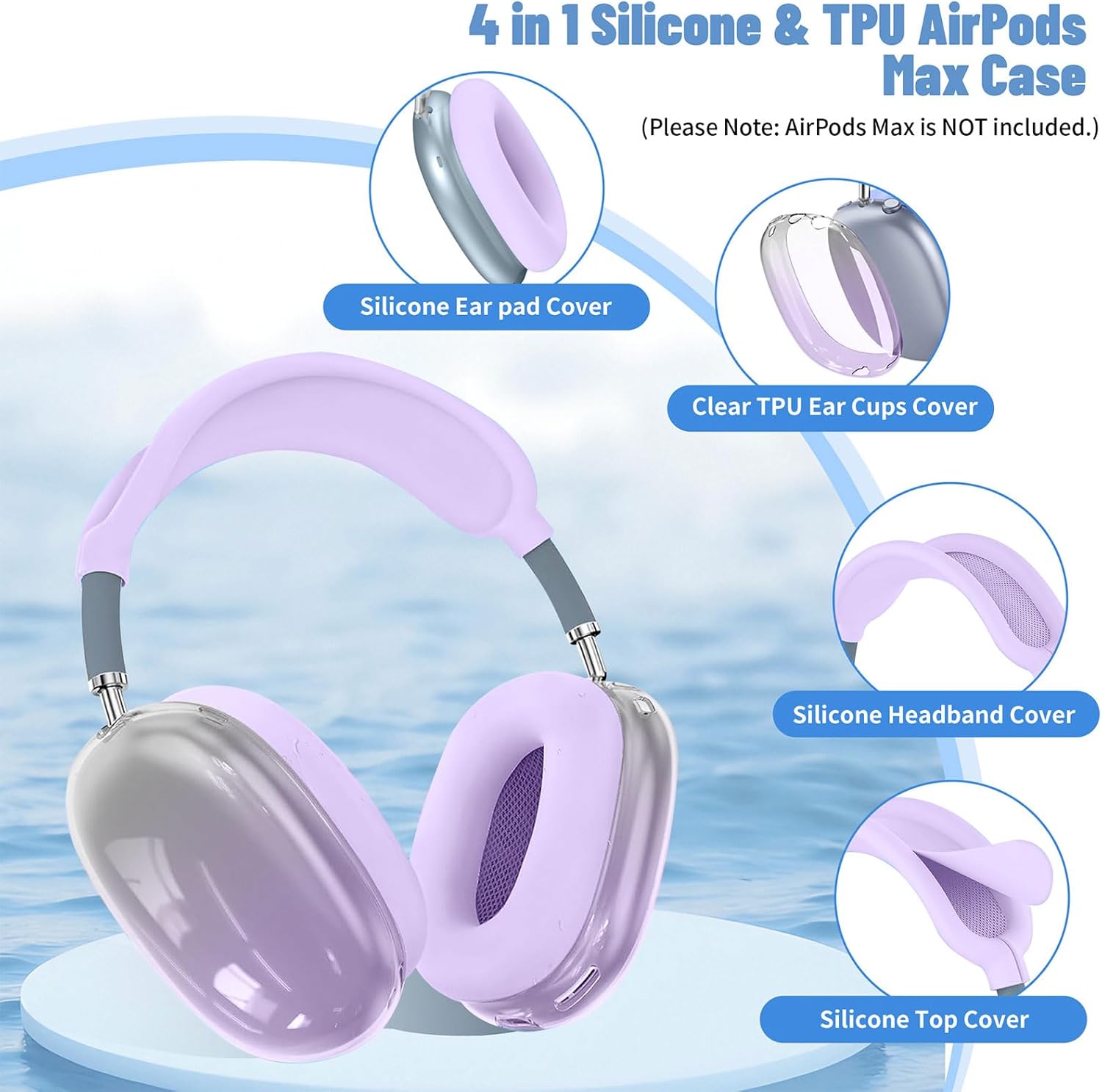 4 in 1 Silicone Case Cover for AirPods Max Headphones (2020 Lightning/2024 USB-C), Clear Gradient Soft TPU Ear Cups/EarPad Covers/Headband Cover Transparent Accessories Case Protector for Airpods Max