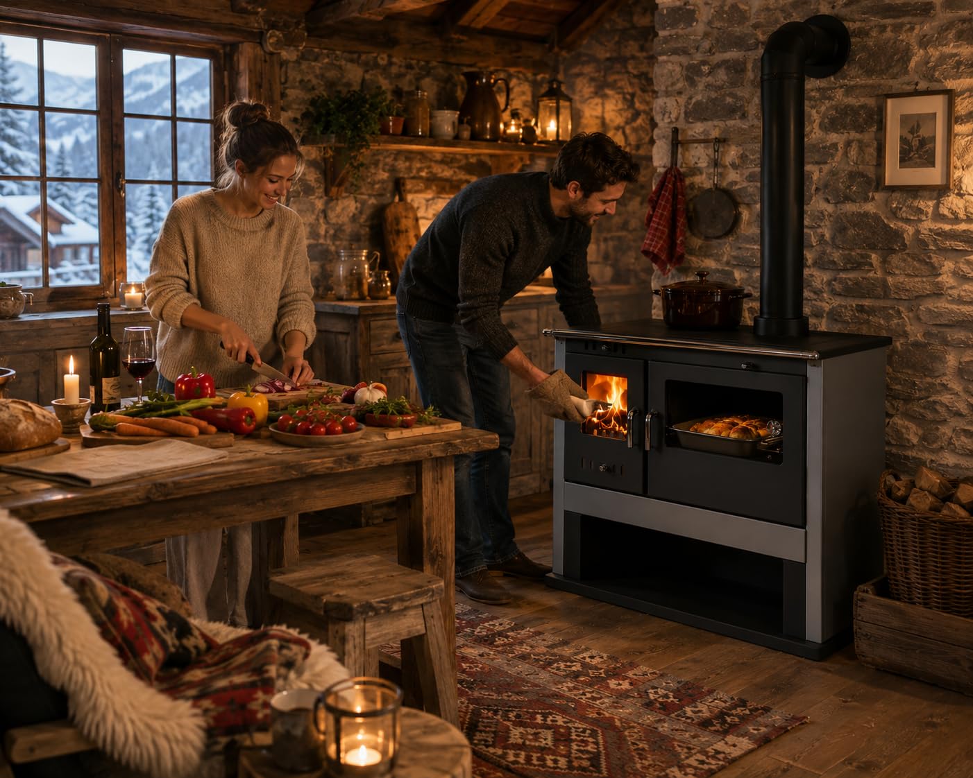 Viki Lix Poêle à brûler en bois 10,5 kW avec four et couvercle de cuisson