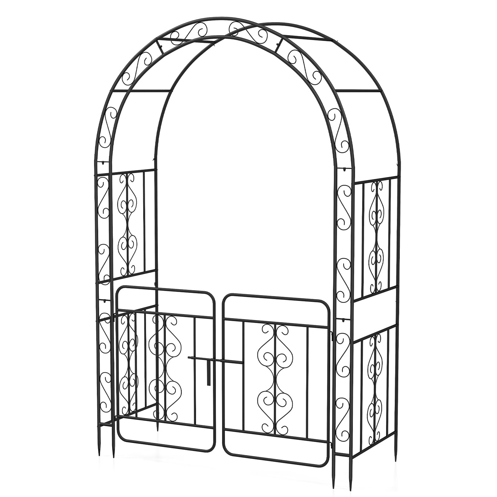 COSTWAY Garden Arch with Gate, Metal Pergola Arbor Trellis for Climbing Plant Rose Vines with 6 Sharp Ground Stakes, Plants Support Archway for Lawn Backyard Party Wedding, 136 x 58 x 213 cm