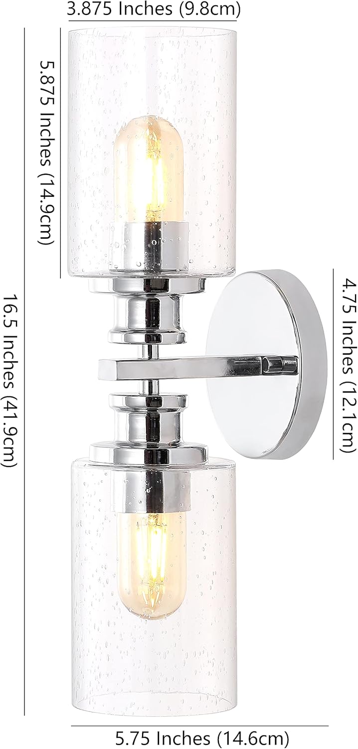 JONATHAN Y 16.5" Chrome 2-Light LED Wall Sconce, Modern Farmhouse Vanity Light with Seeded Glass Shade, Industrial Iron Fixture for Bathroom Mirror, LED Bulbs Included (JYL7577D)