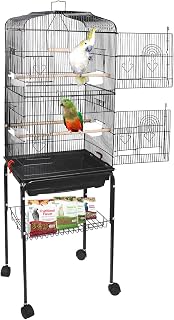 Super Deal 59.3" Rolling Bird Cage for Cockatiel Sun Conure Parakeet - Large Wrought Iron with Stand & Storage Shelf