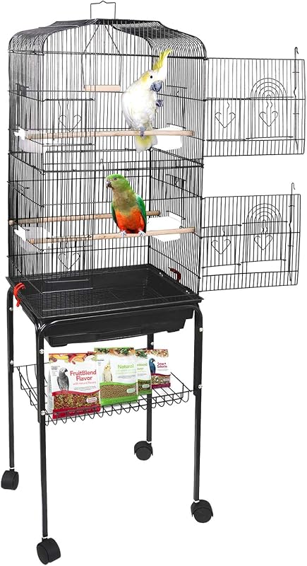 SUPER DEAL 59.3 Rolling Bird Cage Large Wrought Iron Cage for Cockatiel Sun Conure Parakeet Finch Budgie Lovebird Canary Medium Pet House with Rolling Stand & Storage Shelf