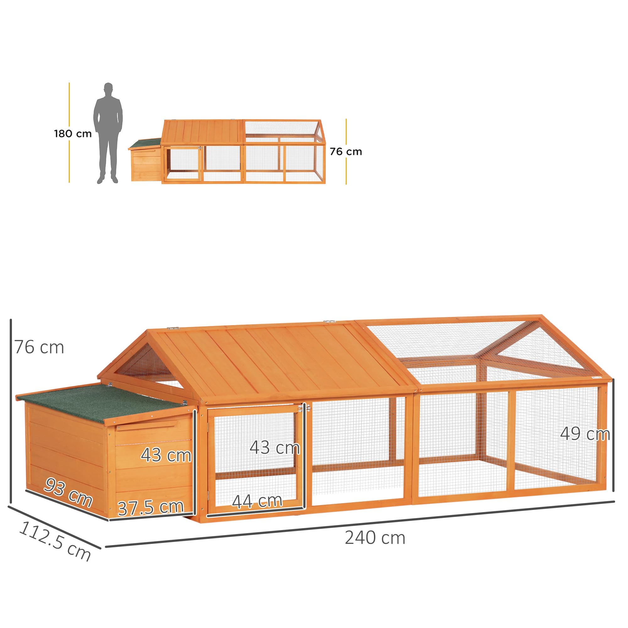 PawHut Grand poulailler XXL 240cm en Bois pour 4-8 Poules - Cage à Poules Design Moderne à 2 Zones avec Double nichoir - Toit ouvrant, Porte verrouillable, 240 x 112,5 x 76 cm, Orange