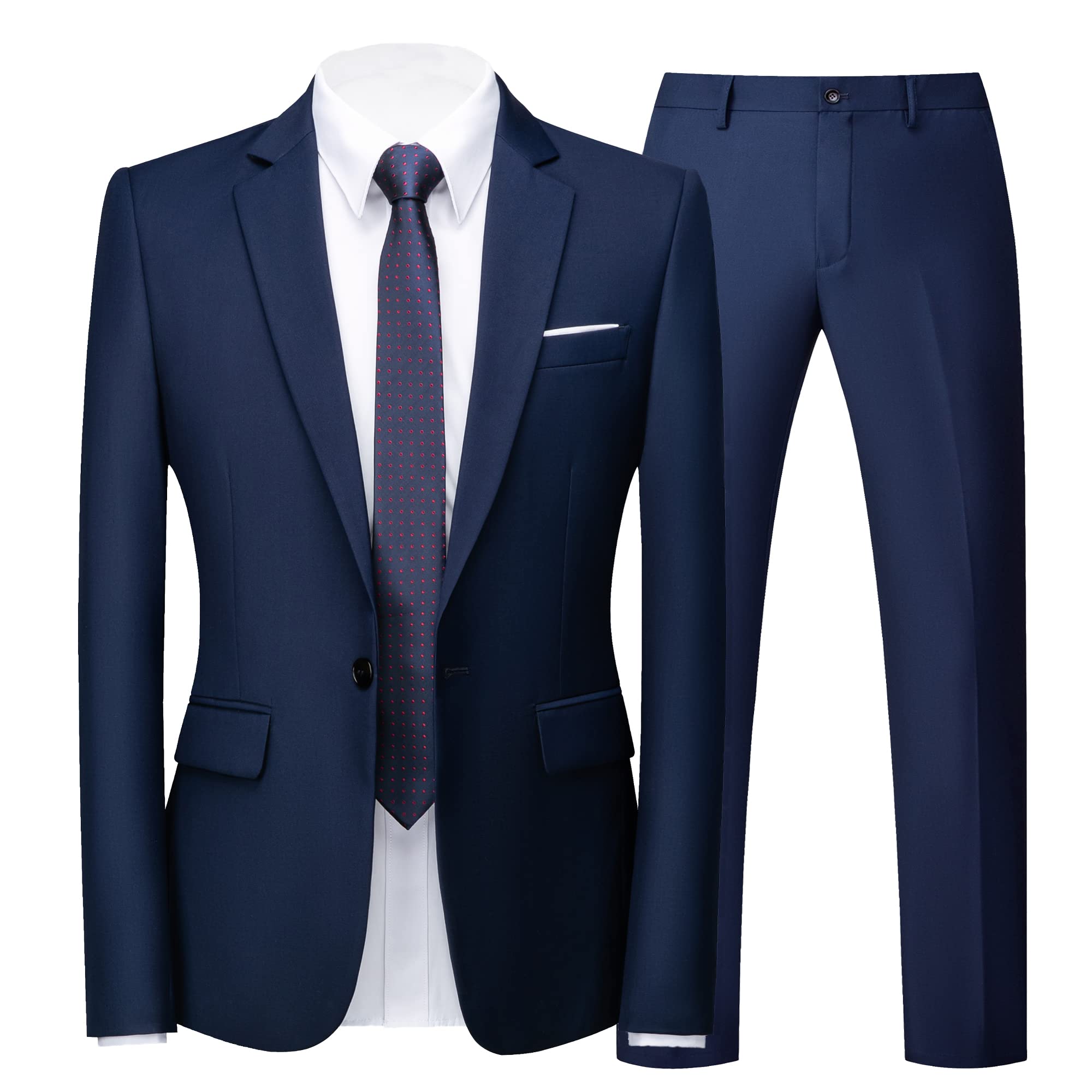 Photo 1 of UNINUKOO Mens Suit Slim Fit 1 Button 2 Piece Wedding Party Holiday Solid Color Tux Suits for Men US Size 32 Navy