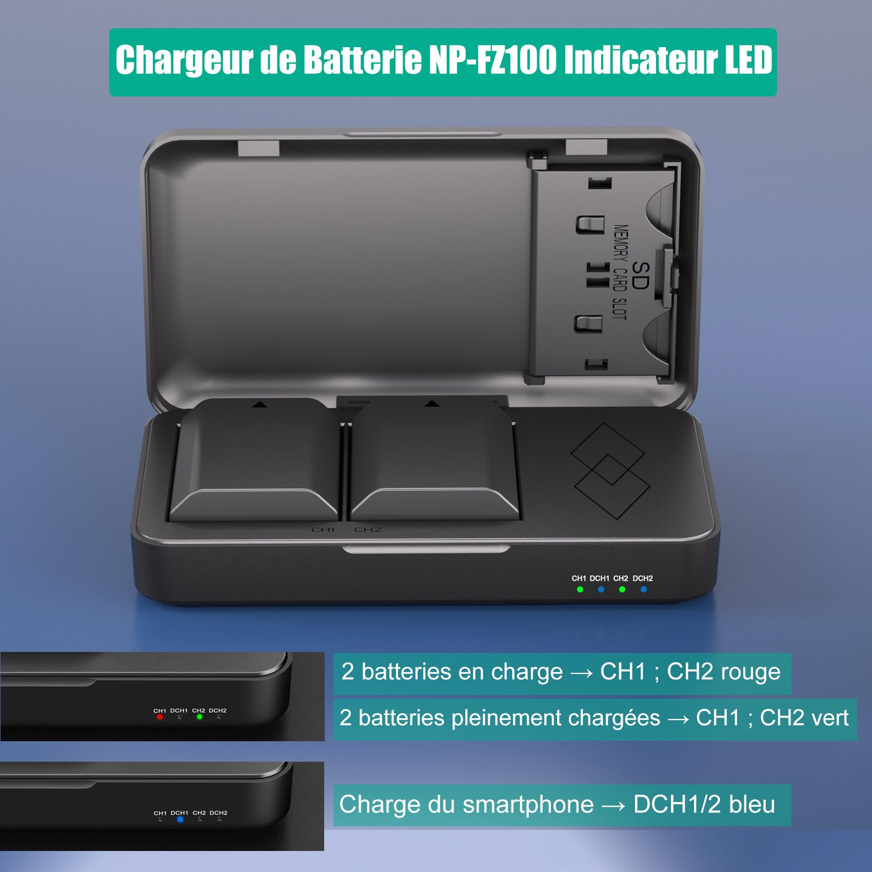JYJZPB NP-FZ100 Lot de 2 Batteries de Rechange et Chargeur de Batterie A7iii pour Sony A7 III, Sony Alpha A7R III, A7R IV, A9, A6600, Alpha 9S, A7R3 A7S III, A7R III