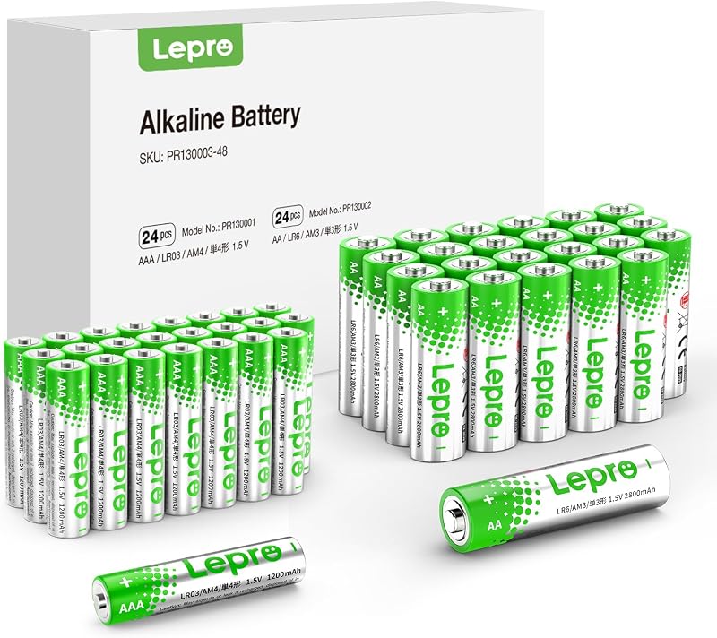 Lepro Paquete combinado variado de pilas AA y AAA, 48 unidades | Incluye 24 pilas alcalinas dobles AA y 24 triples AAA de 2800 mAh no recargables. Ideal para electrónica del hogar y la oficina.