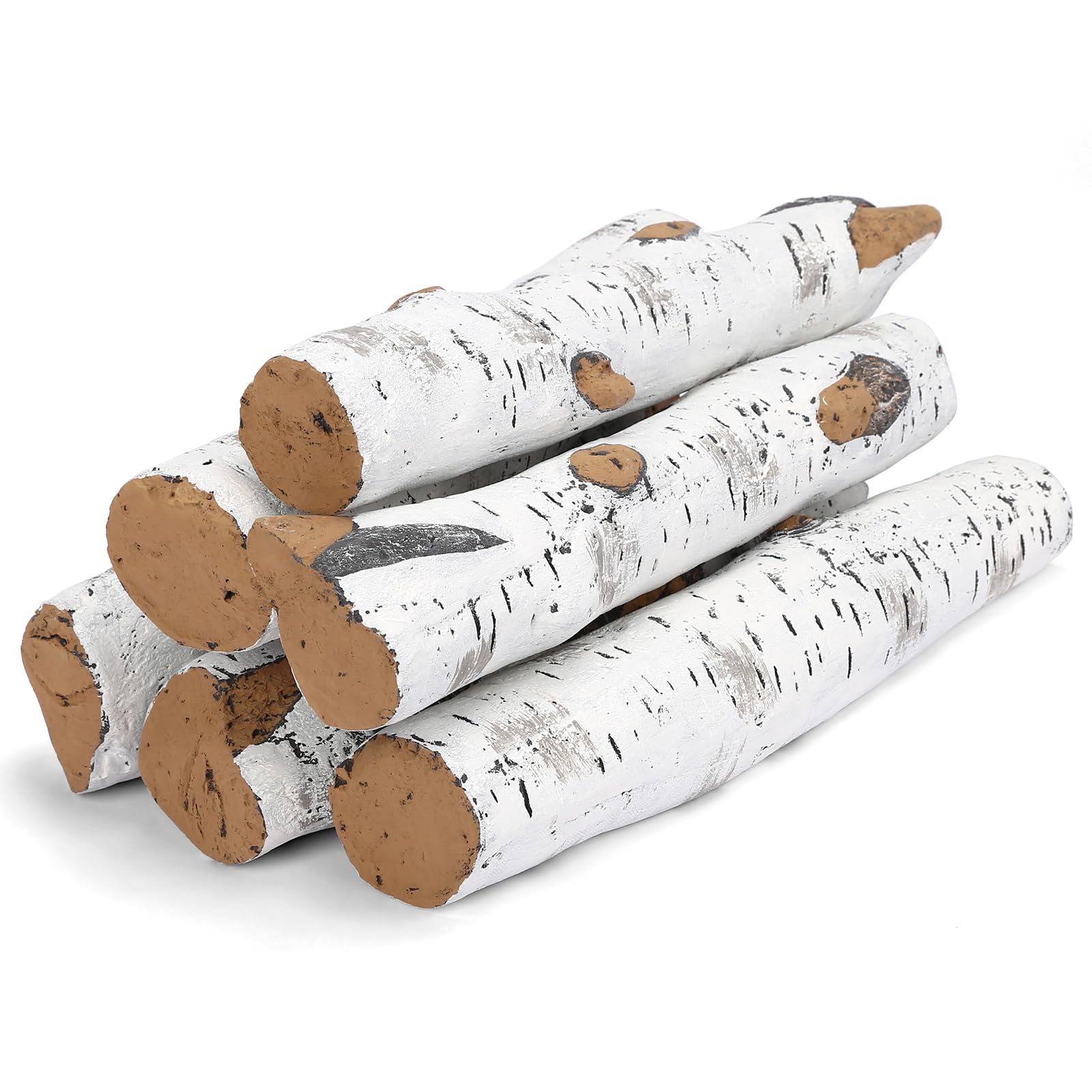 Gas Fireplace Logs Set Ceramic White Birch Log for Gas Fireplace White Birch Ceramic Logs for Indoor/Outdoor Gas Inserts, Ventless, Fireplaces and Fire Pits 6pcs