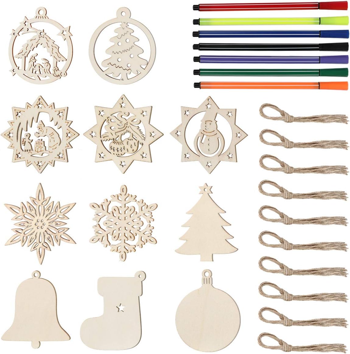 Wooden Christmas Ornaments Unfinished, Kids Unpainted Christmas Crafts Cutouts 102pcs, DIY Blank Predrilled Wood Slices for Holiday Hanging Decorations