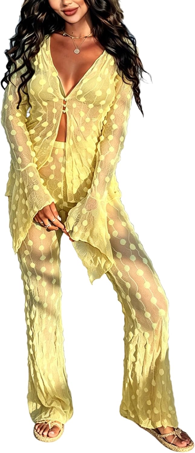 VOIKERDR Beach Cover Ups for Women Polka Dot Long Sleeve Sheer Shirt and Pants Summer Vacation Outfits