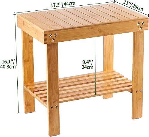 Miniatura 9 de VaeFae Banco de bambú para spa, taburete de madera para asiento de pie, taburete de afeitado con pies antideslizantes, estante de almacenamiento