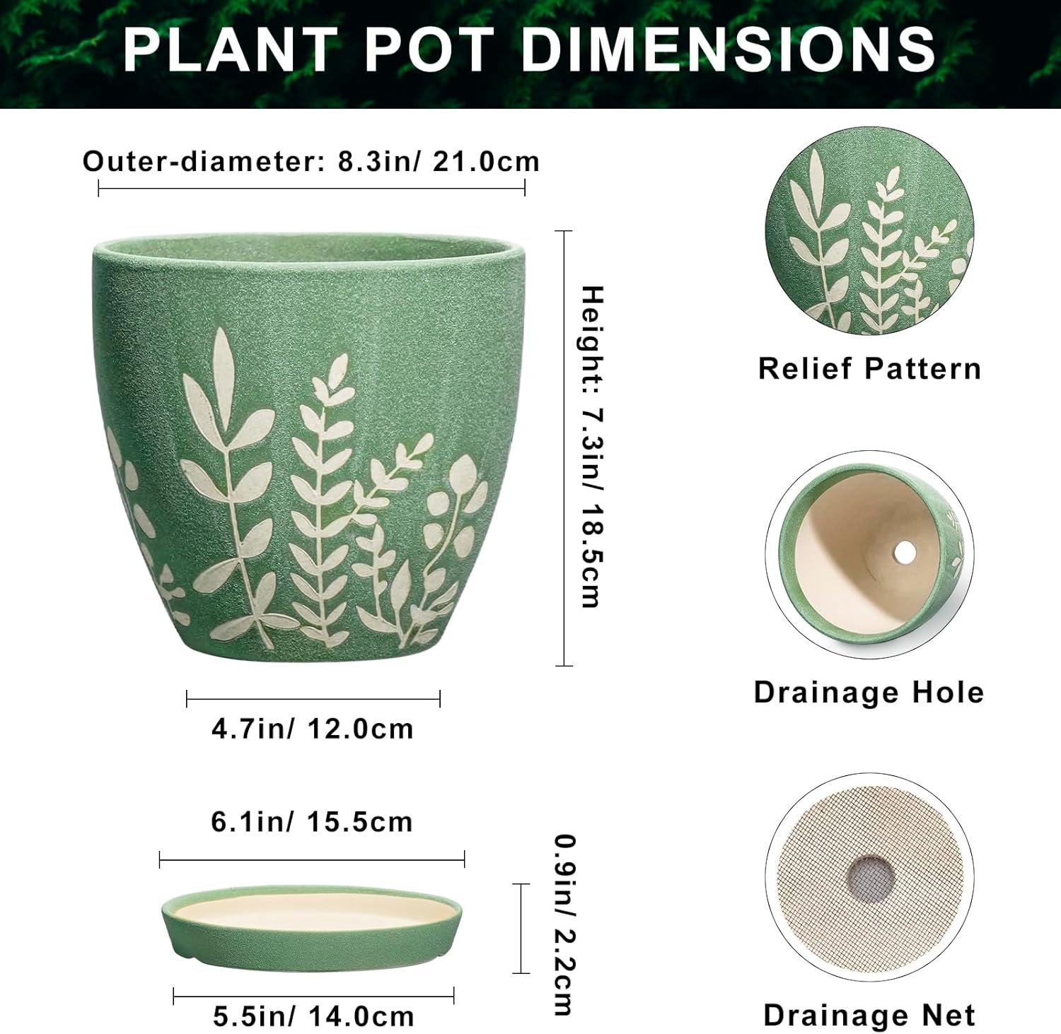 8 Inch Indoor Plant Pot with Drainage and Saucer - Ceramic Planter for Indoor Outdoor Plants, Decorative Flower Pot, Desk Home Office Garden Decor, Plant Lovers Gifts, Green