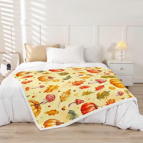 Miniatura 2 de Manfei Autumn Kids Throw Blanket Pumpkin Maple Leaf Mushroom Print Fuzzy Blanket for Boys Girls Adults, Fall Theme Blanket for Bed Couch Sofa, Soft