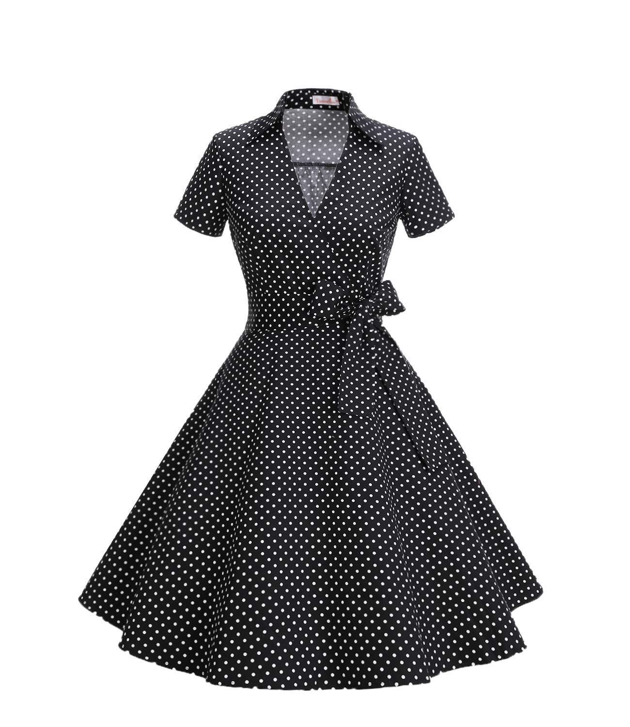 Vestido Vintage Mujer Vestido Rockabilly con Escote en V Manga Corta y Cinturón Desmontable para Bodas & Fiestas & Casual TM10084Small Black White 2XL
