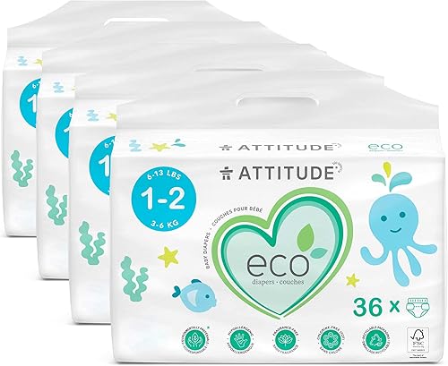 ATTITUDE Pañales biodegradables para bebé, no tóxicos, ecológicos, seguros para pieles sensibles, sin cloro, sin fugas, tamaño libras, 4 paquetes de