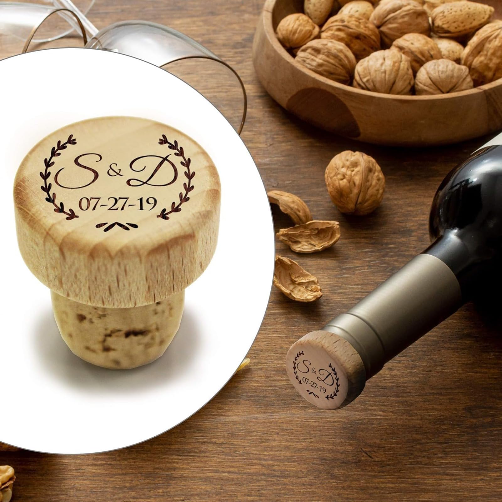 Tapones de vino de corcho personalizados grabados para boda (90 unidades)