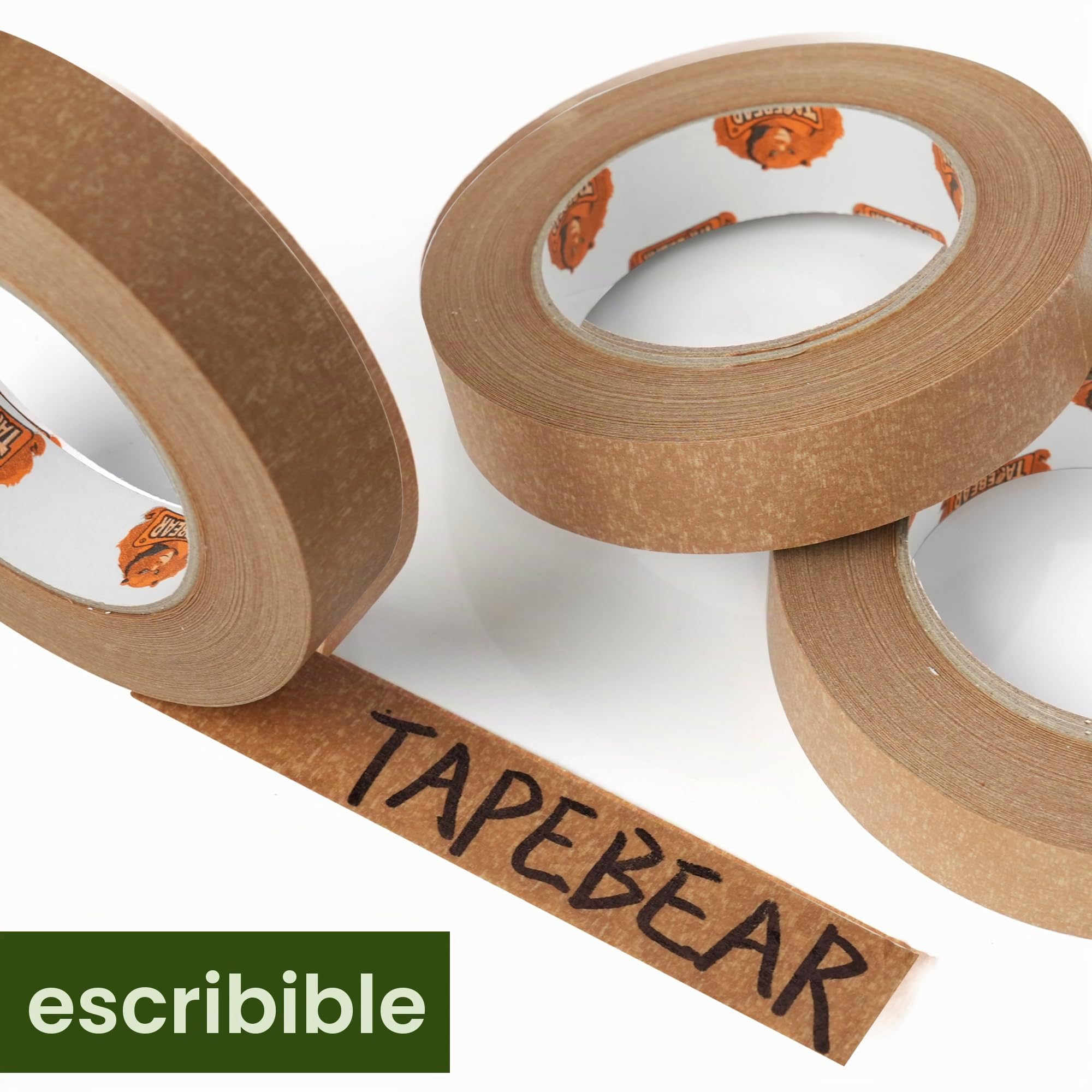 TAPEBEAR Cinta de Embalaje Ecológica Papel Kraft Biodegradable, 24mm x 50m, 12 Rollos, Adhesivo Reciclable para Enmascarar, Sellado y Paquetería, Superficie Escribible