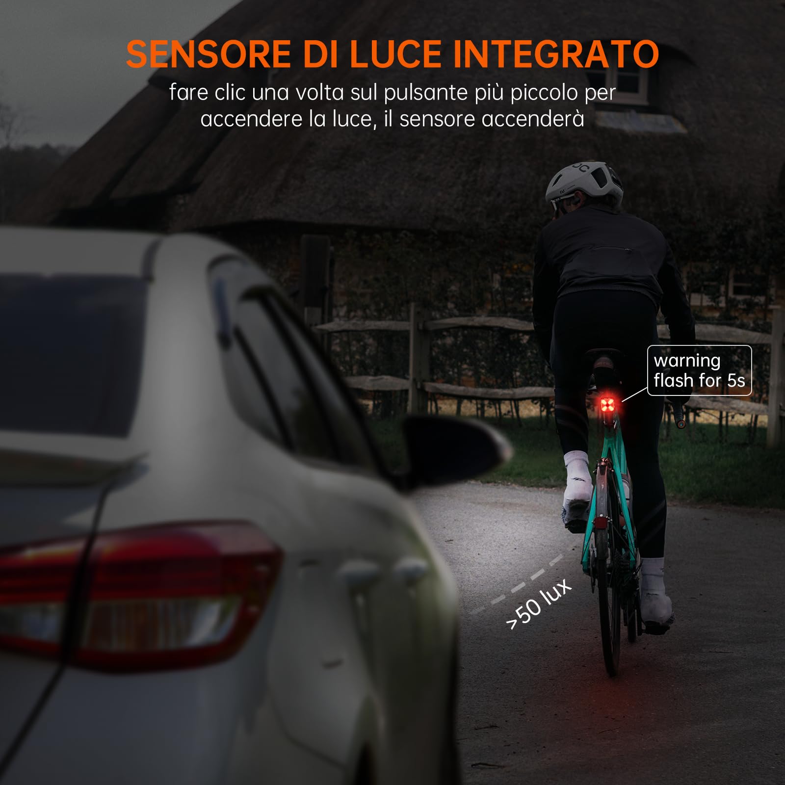 RAVEMEN CLO6 Fanalini Posteriore per Bicicletta,50 Lumen 7 modalità Luce del Freno,Luce di Avvertimento con sensore di frenata e sensore di Luce,USB-C Ricaricabile Impermeabile IPX6